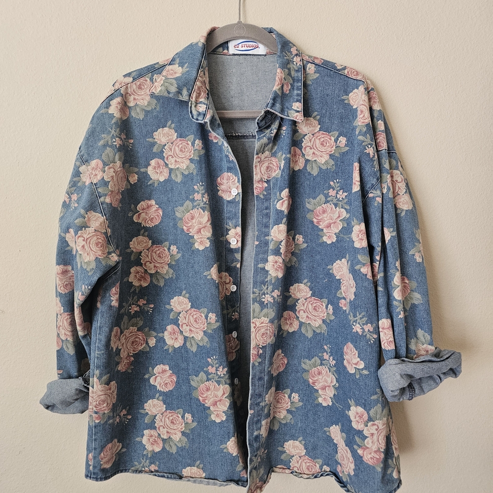 VINTAGE Floral Denim Button-Up Shirt - Pink Rose on Blue